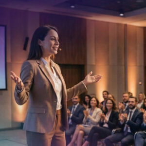 Mujer exitosa con sus manos abiertas dando una charla ante un auditorio lleno